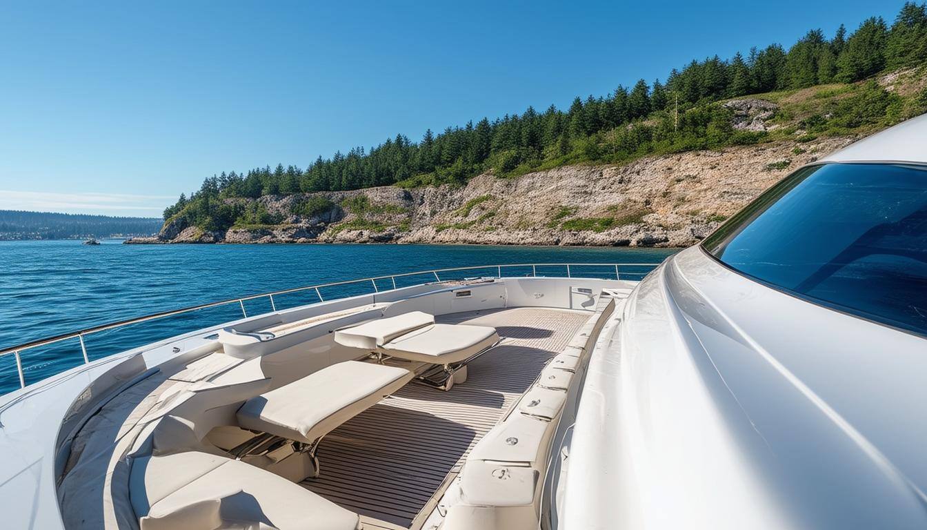 The image depicts a luxurious yacht gliding through calm turquoise waters under a clear blue sky