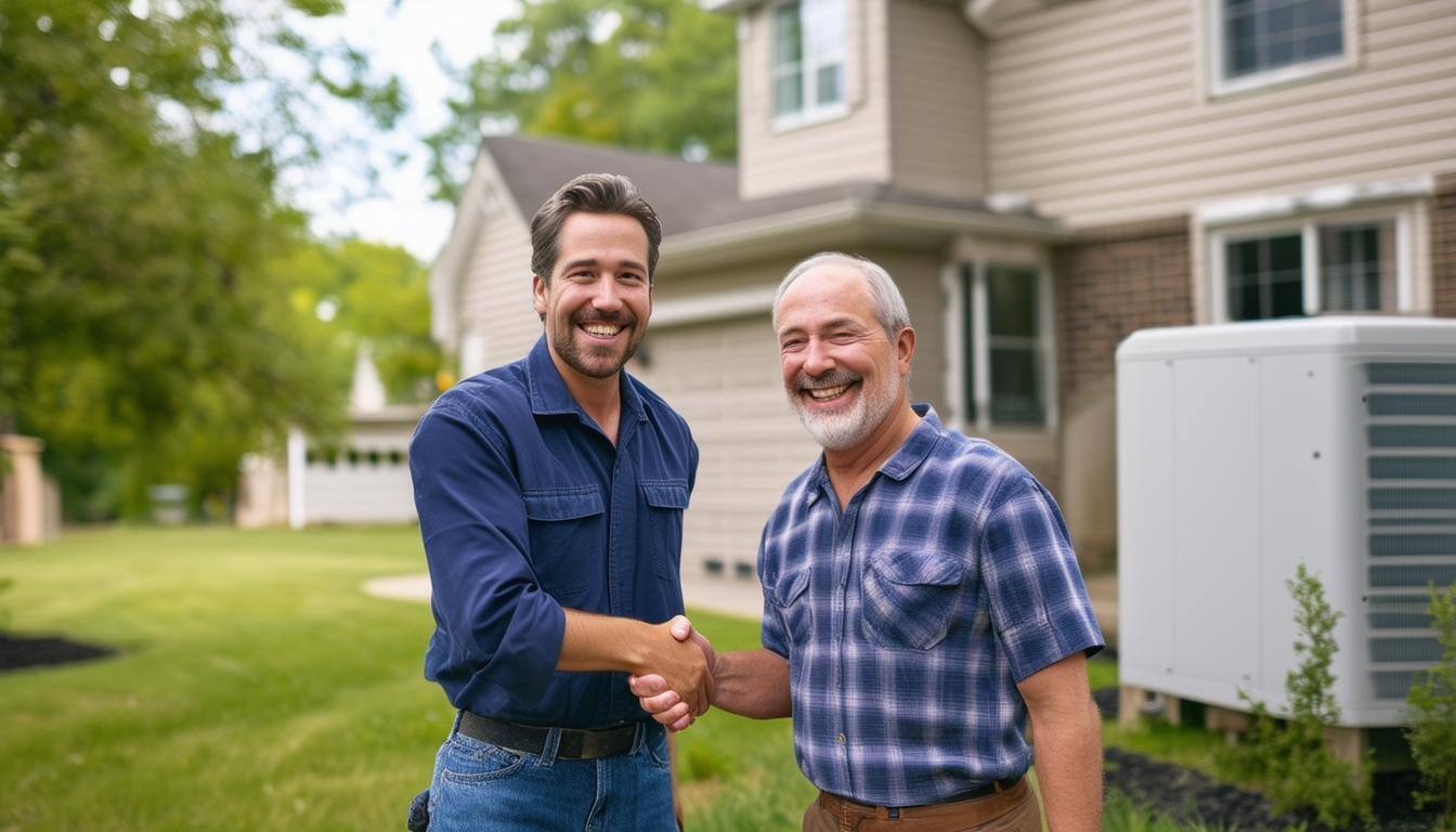 A happy HVAC technician shaking hands with a happy homeowner that just got their home repaired