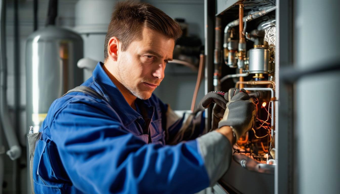 A realistic image of a technician repairing a furnace-1